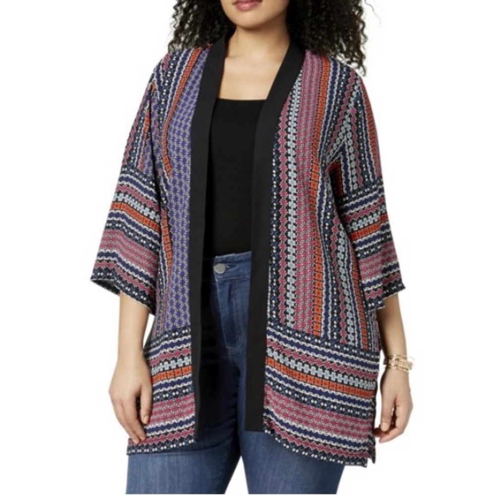 NWT Studio Works Womens Plus Boho Printed Contrast Trim Kimono Duster Size 3X